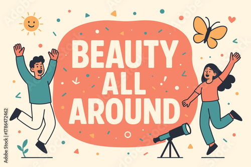 Vibrant Celebration Banner. Beauty all around banner, flat vector illustration, bold oversized text inside rounded blob, cartoon characters jumping and waving,