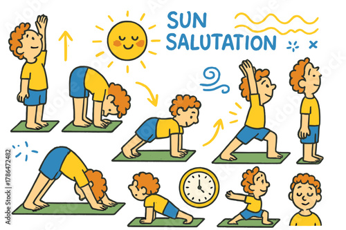 Colorful Yoga Doodles. Sun salutation sequence. Colorful Hand-drawn doodle Children illustration Sun salutation sequence yoga poses, stretching arms, bending
