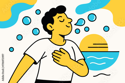 Morning Breath Serenity. A person taking a deep breath, with a subtle smile, surrounded by floating bubbles, and a gentle wave in the background, as the sun