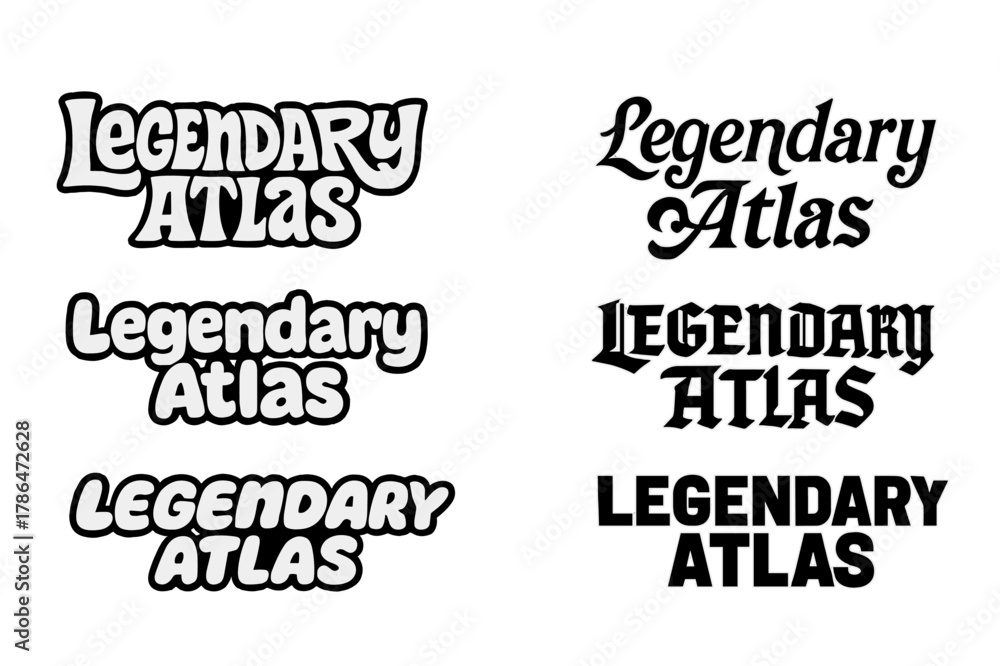 Obraz premium Harmonious Lettering Grid. Legendary Atlas. Set lettering. harmonious lettering variations of the same emblematic concept (Funky cartoon-style lettering,