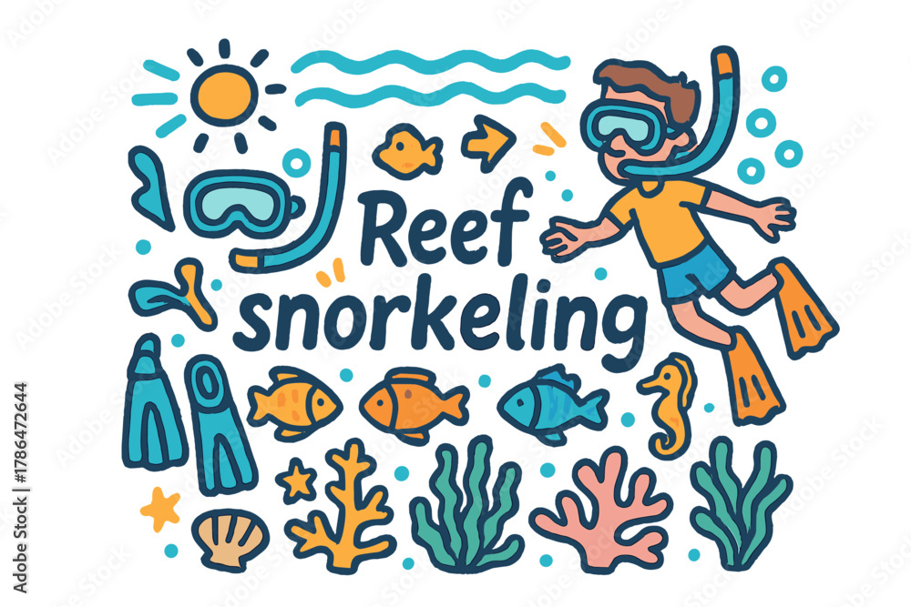 Obraz premium Reef Snorkeling Doodles. Reef snorkeling. Hand-drawn doodle illustration of reef snorkeling. Snorkeler, mask,