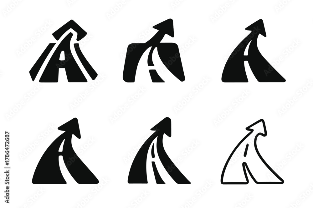Obraz premium Road Trip Icons. Road trips and scenic drives. Icon set. Set Logo of Road trips and scenic drives: highway sign with arrow. harmonious logo variations of the