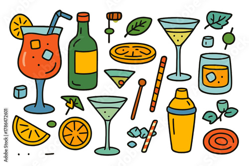 Colorful Drink Doodle. gourmet drinks. Colorful Hand-drawn doodle Children illustration gourmet drinks cocktail glass, wine glass, martini, whiskey glass,