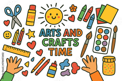 Colorful Crafting Time. Arts and crafts time. Colorful Hand-drawn doodle Children illustration Arts and crafts time scissors, glue stick, crayons, colored