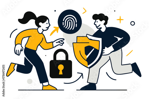 Secure Glove Compartment. Glove compartment security. A lock icon, a fingerprint scan, a shield protecting a folder. Modern flat vector scene with expressive,