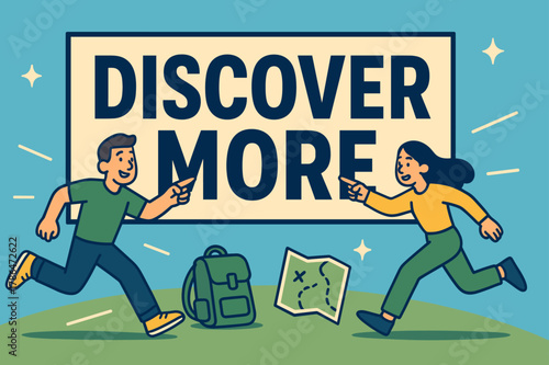Discover Adventure Banner. Let's discover banner, flat vector illustration, bold oversized text inside rectangular frame, cartoon characters running and
