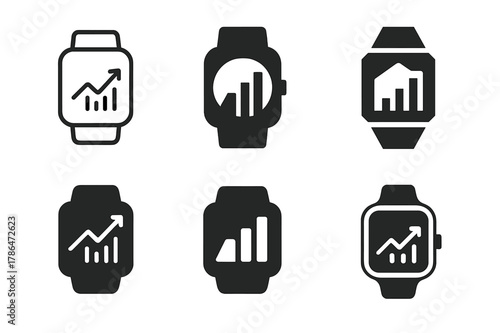 Sports Performance Logos. Sports performance tracking. Set Logo of Sports performance tracking: smartwatch face with rising chart. harmonious logo variations