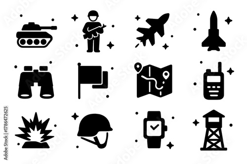 Armored Assault Icons. Armored Assault. Solid icons set of Armored Assault: tank, soldier, jet, missile, binoculars, flag, map, radio, armored vehicle,