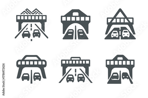 Urban Design Solutions Icons. Barriers and solutions in urban design. Set Logo of Barriers and solutions in urban design: elevated walkway above traffic lanes.