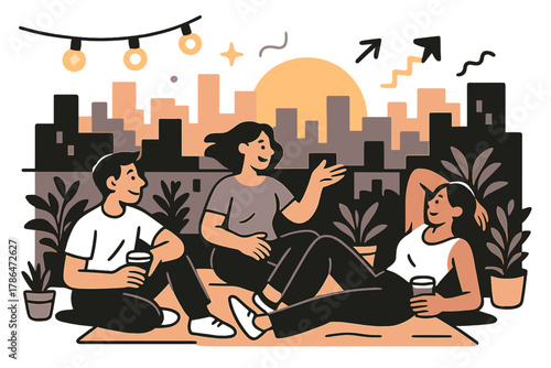 Sunset Rooftop Gathering. Rooftop relaxation. Friends sitting on a city rooftop at sunset, skyline glowing in