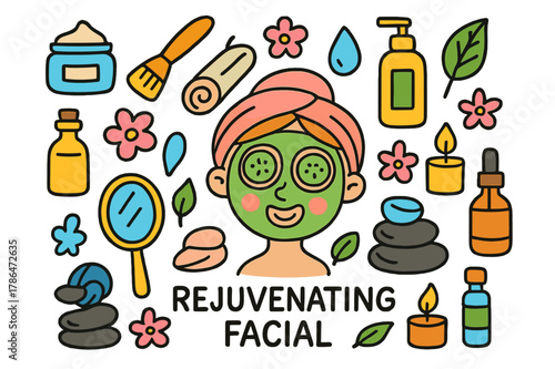 Spa Day Essentials. rejuvenating facial. Colorful Hand-drawn doodle Children illustration rejuvenating facial face mask, cucumber slices, headband, towel,