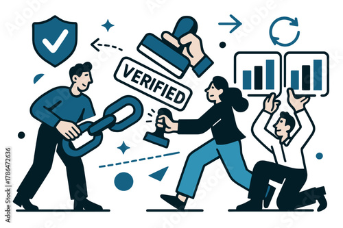 Verified Data Integrity. Data integrity & verification. Checksum icons and chain links align into a sturdy line; a stamp hits ?Verified?. Two identical charts