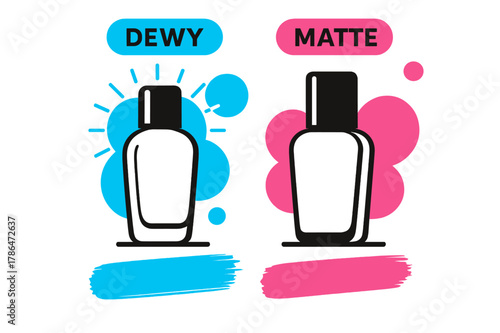Matte vs Dewy. Matte vs Dewy Finish. Two bottles face off: one with soft glow halos, one with crisp velvety edge; ?Dewy / Matte? tags hover like toggles.