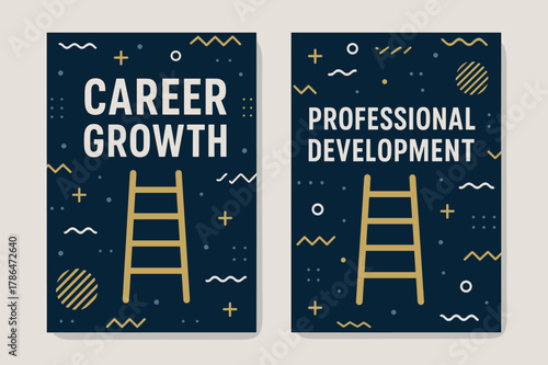 Career Banners Design. Career. Two vertical A6 banners with safe margins, centered composition, no elements touching edges, memphis, navy and gold, ladders,