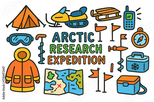 Arctic Adventure Doodles. Arctic research expedition. Colorful Hand-drawn doodle Children illustration Arctic research expedition research tent, snowmobile,