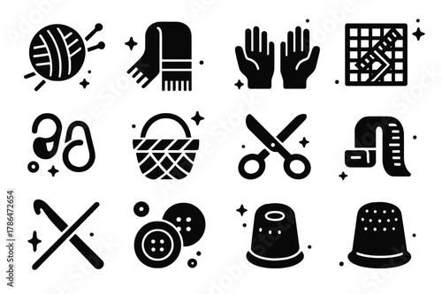 Crafting Icons Display. Crafting Warmth. Solid icons set of Crafting Warmth: yarn ball, knitting needles, scarf, hands, pattern chart, stitch markers, basket,
