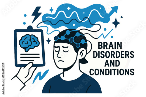 EEG Brain Monitoring Scene. Brain disorders and conditions. Patient wearing EEG cap with abstract floating neural waves, arrows, and sparkles; emphasizes