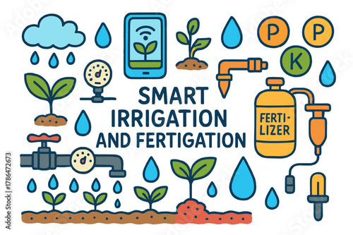 Smart Irrigation Illustration. Smart irrigation and fertigation. Colorful Hand-drawn doodle Children illustration Smart irrigation and fertigation drip line,