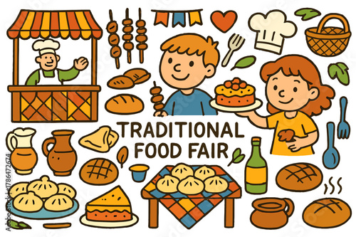 Colorful Food Fair Scene. Traditional food fair. Colorful Hand-drawn doodle Children illustration Traditional food fair food stalls, plates, dumplings,