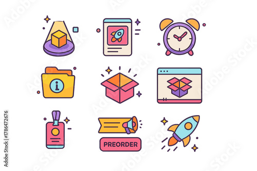 Colorful Launch Icons. Product launch buzz. Colorful isometric vector icons set of Product launch buzz: spotlighted product box, teaser post, countdown clock,
