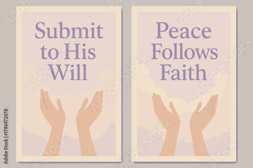 Peaceful Surrender Banners. Surrender. Two vertical A6 banners with safe margins, centered composition, no elements touching edges, pastel, lavender and cream,