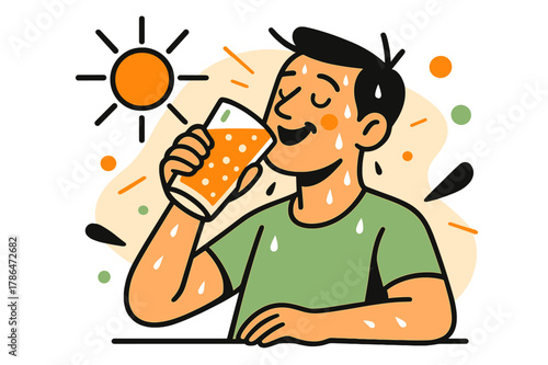 Refreshing Summer Sip. Drinking a Cold Beverage on a Hot Day. Sun flares, sweat beads, and a frosty glass lifts?first sip, eyes close: ?Ahh.? Condensation
