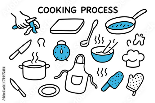 Cooking Doodle Art. // Cooking process. Hand-drawn doodle illustration cooking process [peeling hand (accented), chopping board, frying pan (accented), boiling