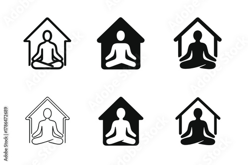 Home Fitness Logos. Fitness at home. Icon set. Set Logo of Fitness at home: meditation and breathing symbol. harmonious logo variations of the same emblematic
