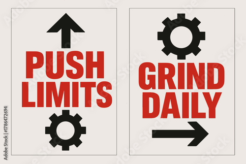 Brutalist Motivation Banners. Push limits. Two vertical A6 banners with safe margins, centered composition, no elements touching edges, brutalist, black and