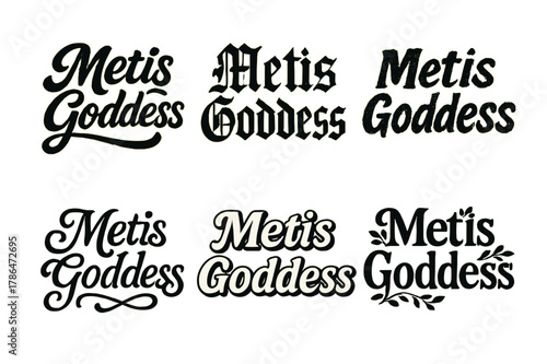Metis Lettering Variations. Metis Goddess. Set lettering. harmonious lettering variations of the same emblematic concept (Bold hand-lettering with playful