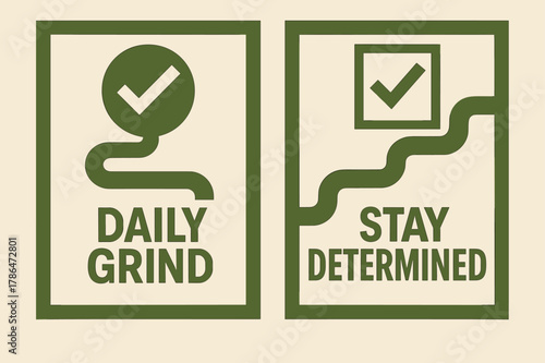 Daily Grind Banners. Daily grind. Two vertical A6 banners with safe margins, centered composition, no elements touching edges, geometric, olive green and