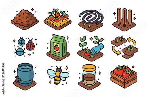 Organic Tomato Farming Icons. Organic tomato farming. Colorful isometric vector icons set of Organic tomato farming: compost heap, mulch layer, drip irrigation