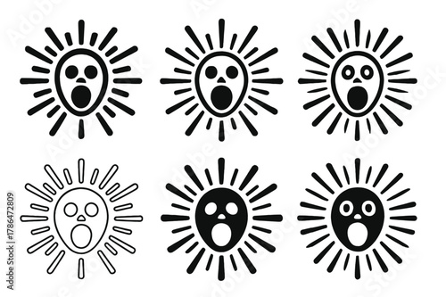 Jump Scare Logos. Jump scare. Set Logo of Jump scare: burst lines behind face. harmonious logo variations of the same emblematic concept, each with different