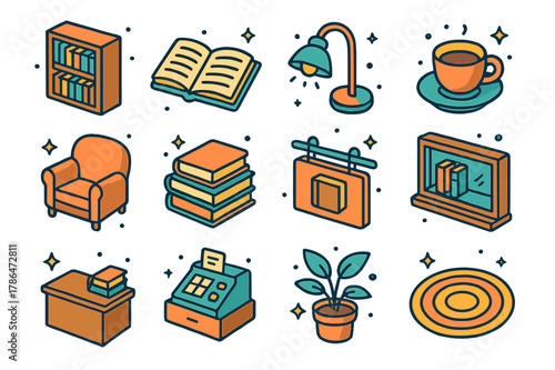 Isometric Bookstore Icons. Quiet bookstore. Colorful isometric vector icons set of quiet bookstore: bookshelf, open book, reading lamp, coffee cup, armchair,