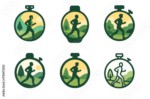 Morning Jog Logos. A person jogging in the park during the early morning, surrounded by nature. Icon set. Set Logo of a person jogging in the park during the