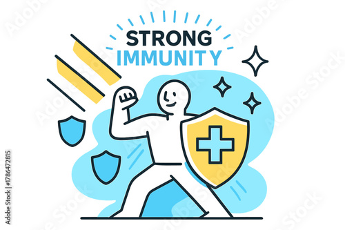 Radiant Immunity Guardian. Immune System Support. Sunlight beams strike a figure surrounded by shield and sparkle icons. ?Strong Immunity? glows above subtle