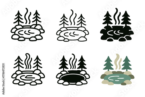 Hot Spring Icons. A hot spring bath with a natural, serene landscape around it. Icon set. Set Logo of A hot spring bath with a natural, serene landscape around