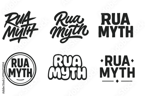 Diverse Lettering Styles. Rua Myth. Set lettering. harmonious lettering variations of the same emblematic concept, each with different artistic interpretation