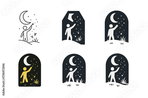 Firefly Logo Variations. Catching fireflies. Set Logo of catching fireflies: meadow at twilight with spark trails. Icon set. harmonious logo variations of the
