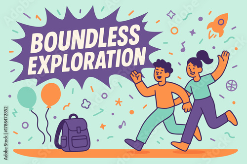 Adventure Awaits Banner. Boundless exploration banner, flat vector illustration, bold oversized text inside comic burst, cartoon characters running and waving,