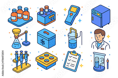 Wastewater Testing Icons. Wastewater laboratory testing. Colorful isometric vector icons set of Wastewater laboratory testing: BOD bottles, COD reactor,