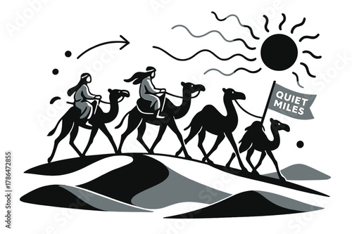 Desert Wanderers. Desert caravan. Camels pace across a dune ridge like notes on a staff; heat waves curl around a bold sun. A small flag reads ?Quiet miles?.