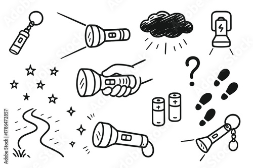 Doodle Flashlight Wonders. Flashlight. Hand-drawn doodle illustration flashlight torch, beam of light, batteries, hand holding, shadow line, keychain, switch,