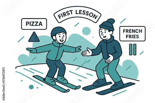 Beginner Ski Lesson. First Lesson on the Bunny Hill. A beginner smiles, arms out, instructor guiding with simple cues. Floating signs read ?Pizza? and ?French