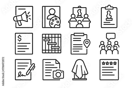 Public Art Curation Icons. Public Art Curation. Line icon set of Public Art Curation: open call notice, artist portfolio, selection jury, proposal sketch,