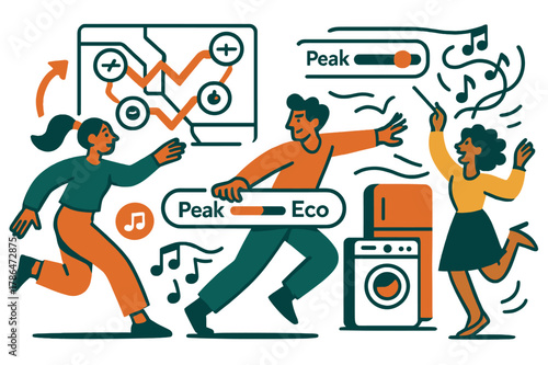 Smart Grid Dynamics. Smart grid & demand response. A map lights up with zigzag routes as meters wink ?On/Off?; a slider nudges from ?Peak? to ?Eco?. Appliances