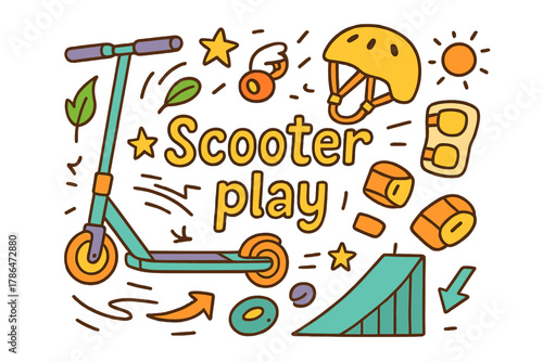 Scooter Fun Doodle. Scooter play. Hand-drawn doodle illustration of Scooter play. Scooter deck, handlebars,