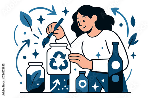 Creative Upcycling Decor. Upcycling and creative reuse of materials. Person decorating home items from discarded jars and bottles with abstract floating icons,