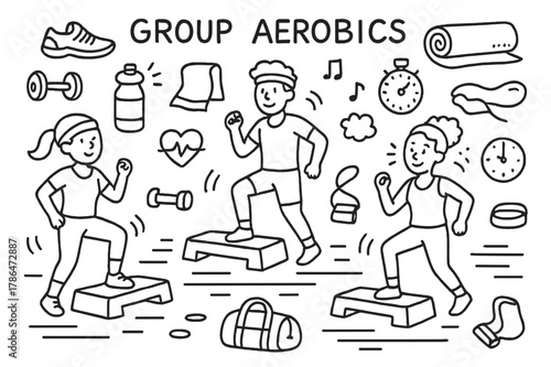 Group Aerobics Doodle. Group Aerobics. Hand-drawn doodle illustration Group Aerobics people stepping on aerobic step, dumbbells, sneakers, water bottle, towel,