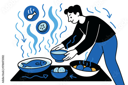 Dynamic Dinner Plating. Plating for dinner. A person placing glowing bowls and serving dishes on a table,